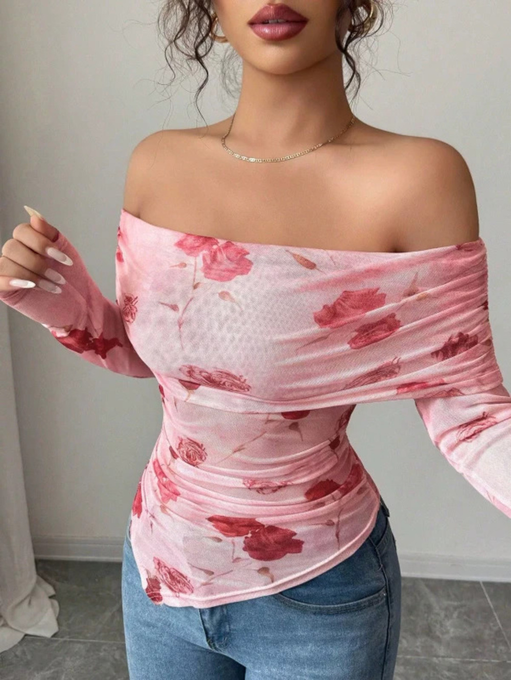 ZARA Spring Off Shoulder Slim Fit Asymmetric Ruffled Hem Printed Top